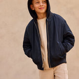 Padded bomber jacket with removeable hood