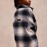 Elongated oversized plaid shirt jacket